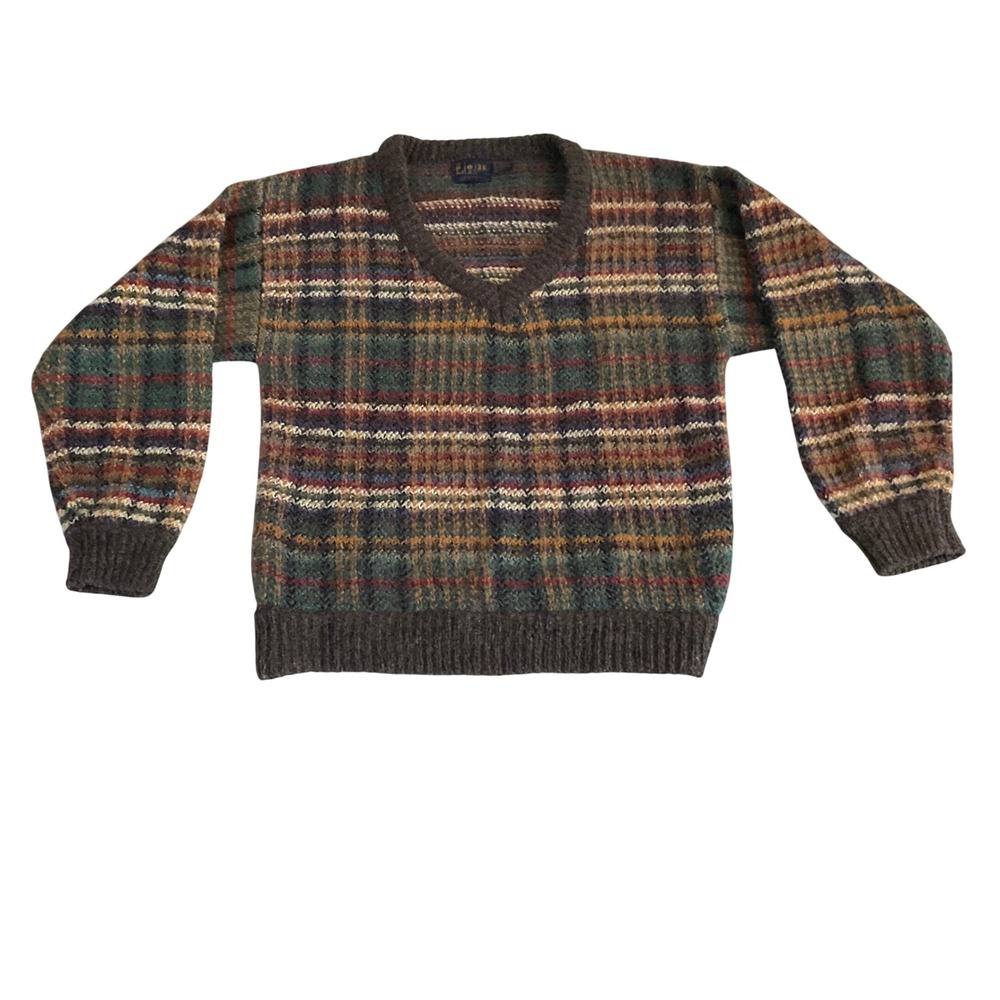 LRI by LeRoy Knit V-Neck Sweater Womens Medium Brown Plaid Wool Blend Vintage